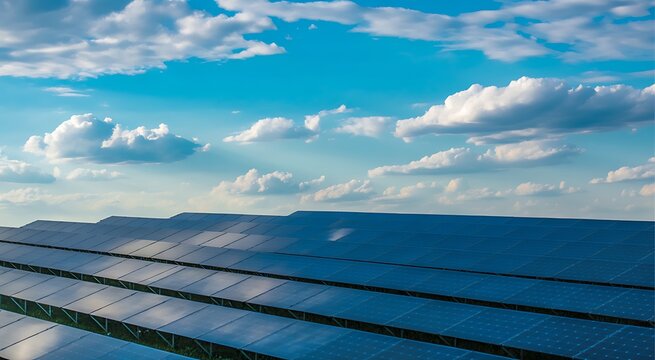 Blue sky landscape with white clouds above a dark calm sea horizon