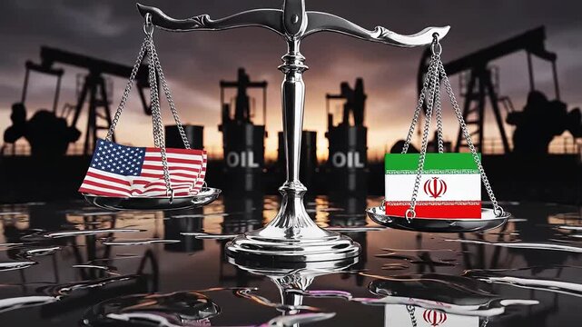 A silver scale of justice balancing the USA and Iran flags in front of oil pump jack silhouettes, representing geopolitical energy balance and economic relations between the two nations.
