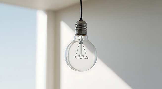 Light bulb hanging from ceiling against bright modern wall with soft shadows