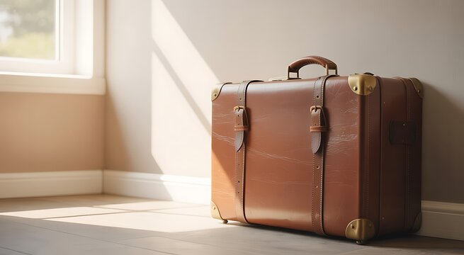 Vintage leather suitcase standing on wooden floor with warm indoor sunlight lighting