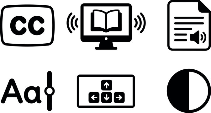 Black and white icons for closed caption screen reader text and accessibility controls