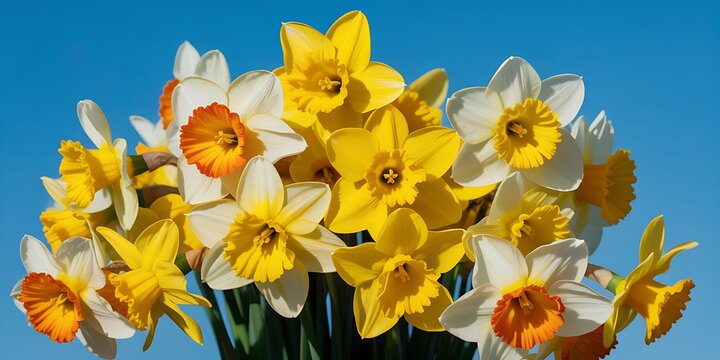 Daffodils bouquet with yellow and white spring flowers on bright blue background