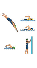 Fototapeta premium Swimmer Diving, Swimming, and Pushing Off Wall - Multi-Action Sports Illustration