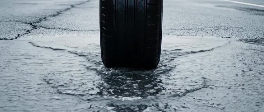 Car tire driving over cracked and wet asphalt road surface.