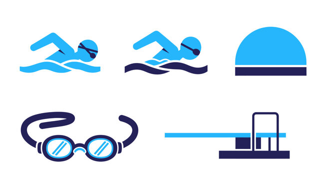 Swimming Icons: Swimmers, Goggles, Cap, Diving Board - Sports & Recreation Vector Set