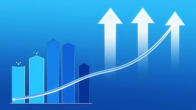 A rising graph with upward arrows indicating positive growth and success on a blue background