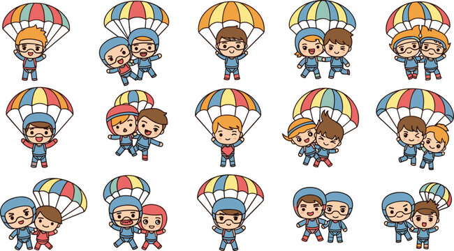 Cute Kids Parachuting Cartoon Set with Children Skydiving Flying in Air Adventure Activity Illustration Collection