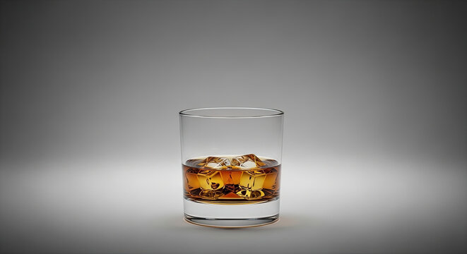 Whiskey in a clear glass with ice cubes on a neutral gradient background creating an elegant and minimalist drink shot