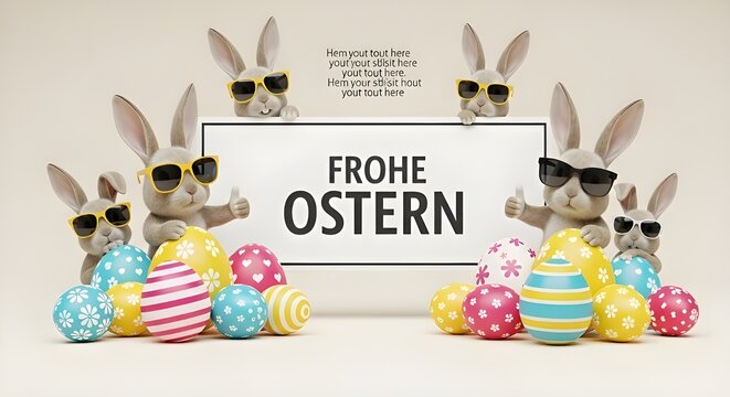 Lustige Osterhasen Konzept, Sonnenbrille tragende Hasen mit Ostereiern, beiger Hintergrund, moderner Stil, deutscher Text, Copy Space