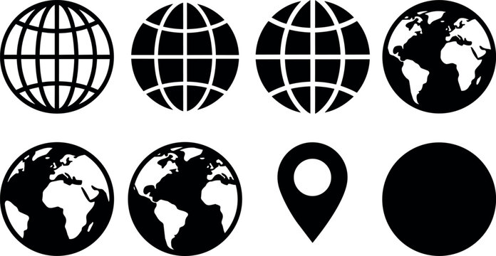 Black and white globe icons with location pin and solid circle vector art
