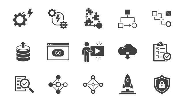 A set of black and white vector icons representing various business and technology concepts