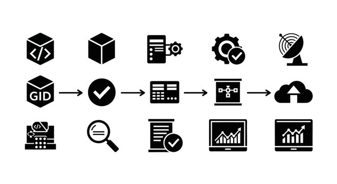 A vector graphic illustrating the process of software development and deployment in a modern, flat design style.