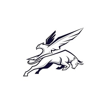 Dynamic eagle soaring above a charging bull vector logo illustration