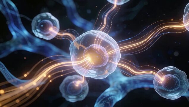 Dynamic microscopic depiction of a cellular system demonstrating vital energy transfer and the essential biological process of AUTOPHAGY