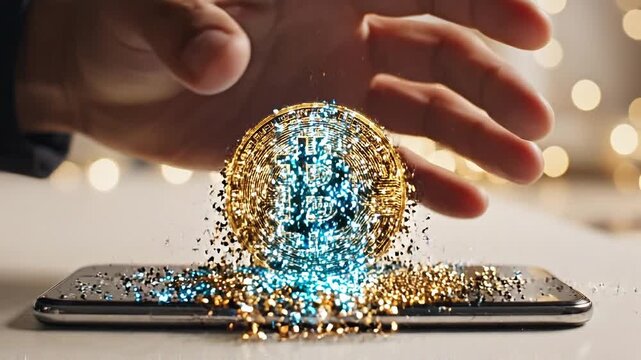Digital Transformation of Wealth as Hand Crushes Fiat Paper Money into Glowing Bitcoin Particles on Smartphone App