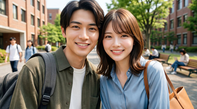 大学のキャンパスを並んで歩く男女の大学生の爽やかなポートレート