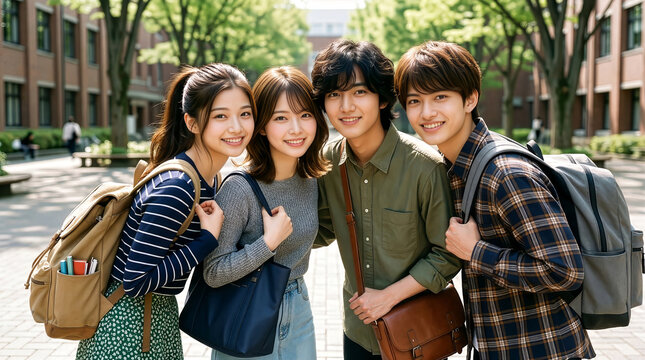 キャンパスを背景に、男女の大学生の活気と若々しさに満ちたグループショット