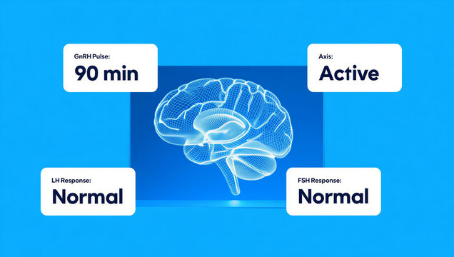Digital illustration of brain with labeled hormone response times and activity status transparent background