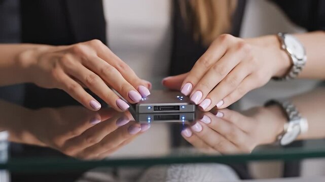 Woman holding sleek portable electronic device on glass table
