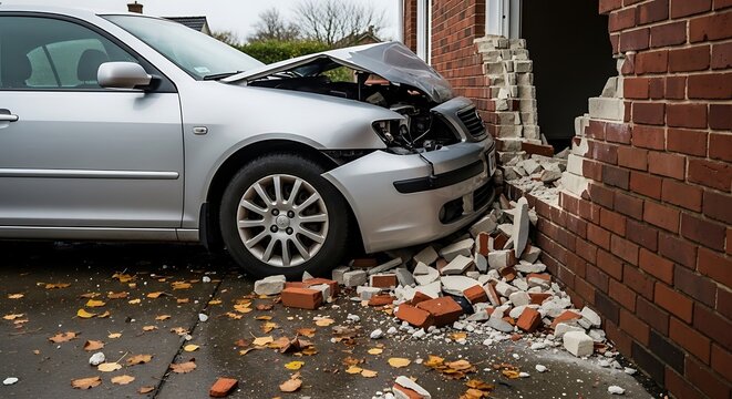 Silver car crashed into a brick wall, causing damage. Debris is scattered on wet asphalt