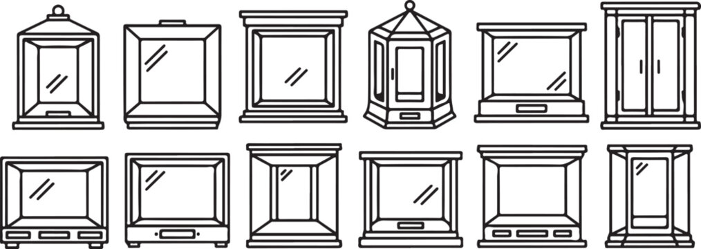 A collection of various classic wooden cabinet designs with glass doors Vector