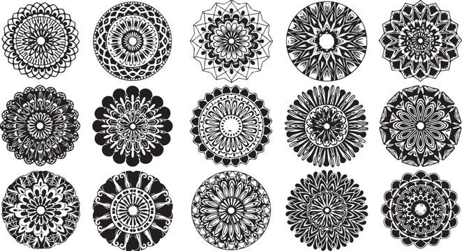 Collection of intricate black and white mandala designs patterns