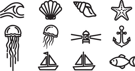 Fototapeta premium A collection of twelve symbolic line-drawn icons representing common concepts and objects Vector
