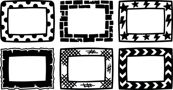 Black and white hand drawn frames with dots stars and zigzag patterns set