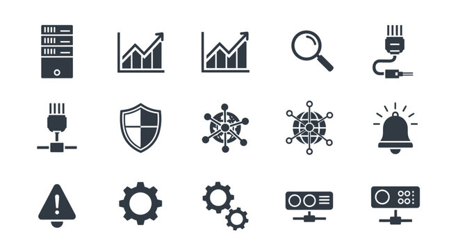 A set of black and white vector icons representing business and technology concepts