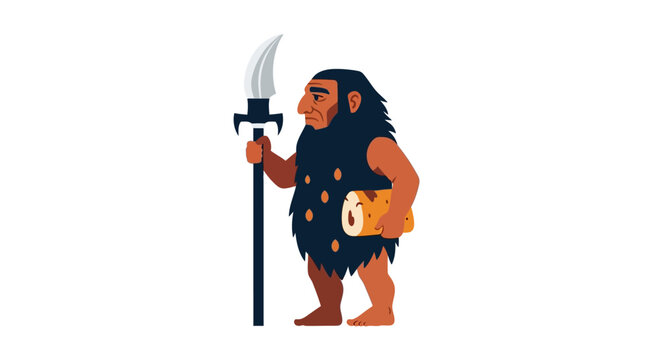 Caveman Hunter Holding Spear and Food, Prehistoric Man Character Illustration