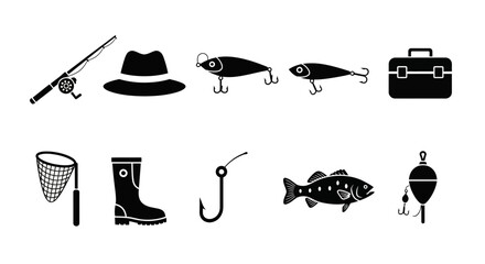 A set of black silhouette icons depicting various fishing related objects and equipment © adobestock
