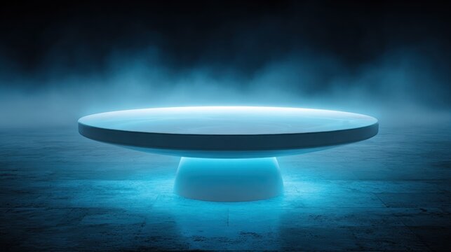 Illuminated circular platform rests upon a textured surface surrounded by atmospheric haze