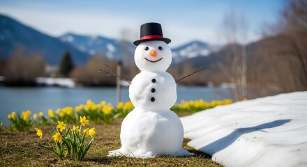 Obraz premium Snowman with top hat, carrot nose, and twig arms stands near yellow flowers and a lake