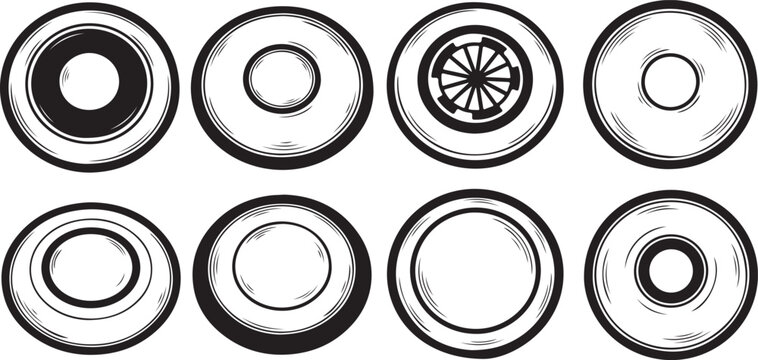 Top view of eight metal nuts with different thread patterns and sizes Vector