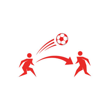 Soccer players passing ball, football game, teamwork, sport activity, red icon