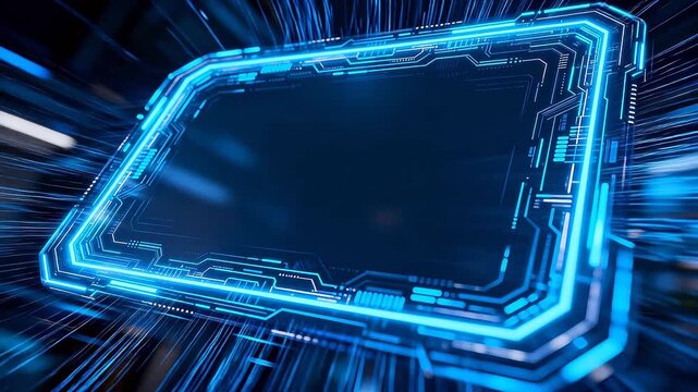Futuristic blue holographic display frame with circuit lines