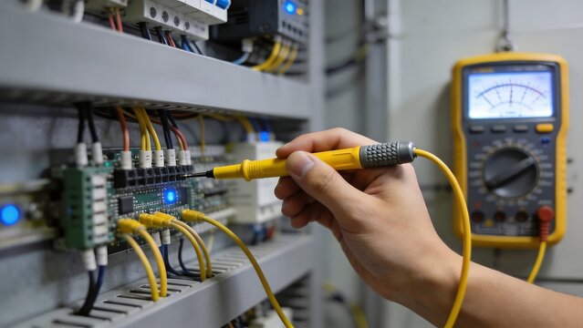 Hand testing electrical circuit with multimeter
