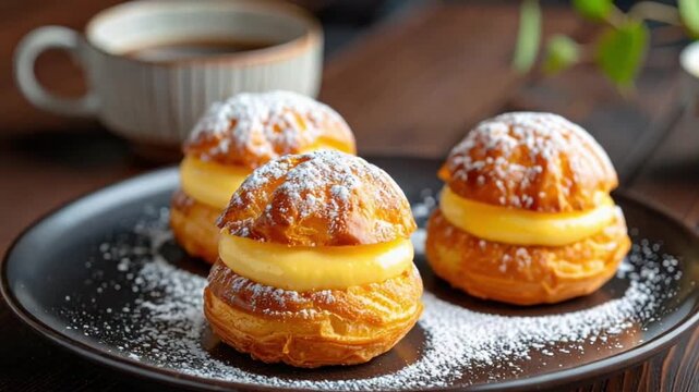 Delicious Cream Puffs with Custard Filling and Powdered Sugar