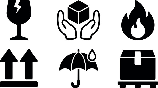 Black fragile warning fire umbrella and pallet box package icons
