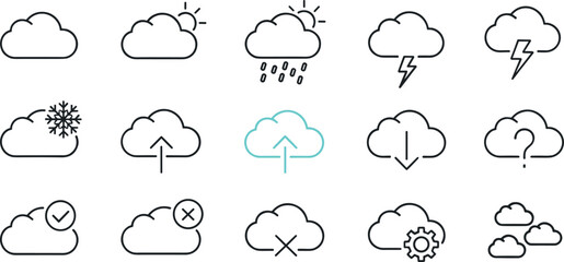 Obraz premium Weather and cloud status icon set featuring rain storm snow upload download symbols in modern outline vector style for apps