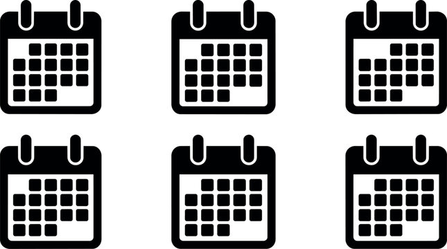 Black calendar icons with different marked dates set of six vector art
