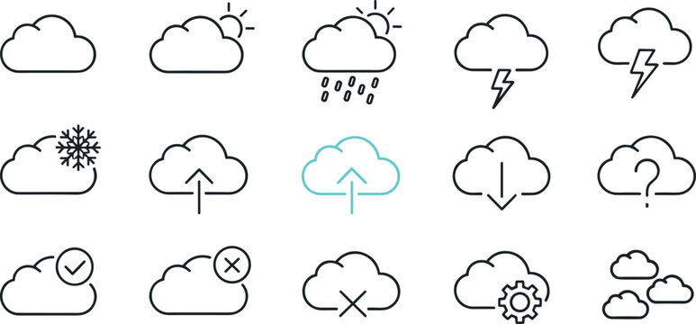 Weather and cloud status icon set featuring rain storm snow upload download symbols in modern outline vector style for apps