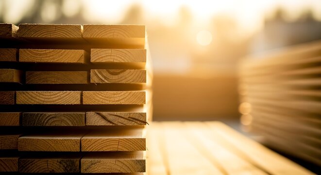 Stacked, golden-hued wooden planks bathed in soft, warm sunlight, creating a textured construction scene