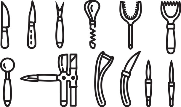 Various tools and utensils including scissors, pliers, tweezers and kitchenware Vector