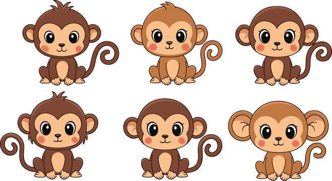 Cute Cartoon Monkey Characters in Different Poses for Animal, Nature, and Fun Design Projects