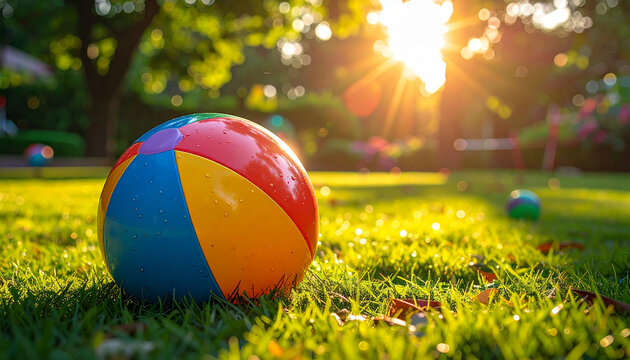 Colorful ball on green grass in sunlight