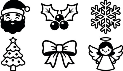 Fototapeta premium Black and white christmas icons including santa holly berry snowflake tree bow and angel