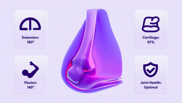 Illustrated human elbow joint showing extension flexion and cartilage health metrics transparent background
