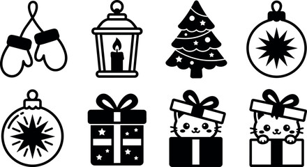 Fototapeta premium Black and white christmas tree gift box kitten mittens lantern ornament icons
