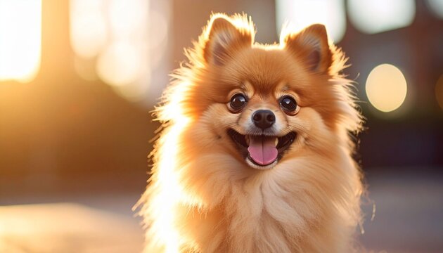 Happy pomeranian dog smiling outdoors